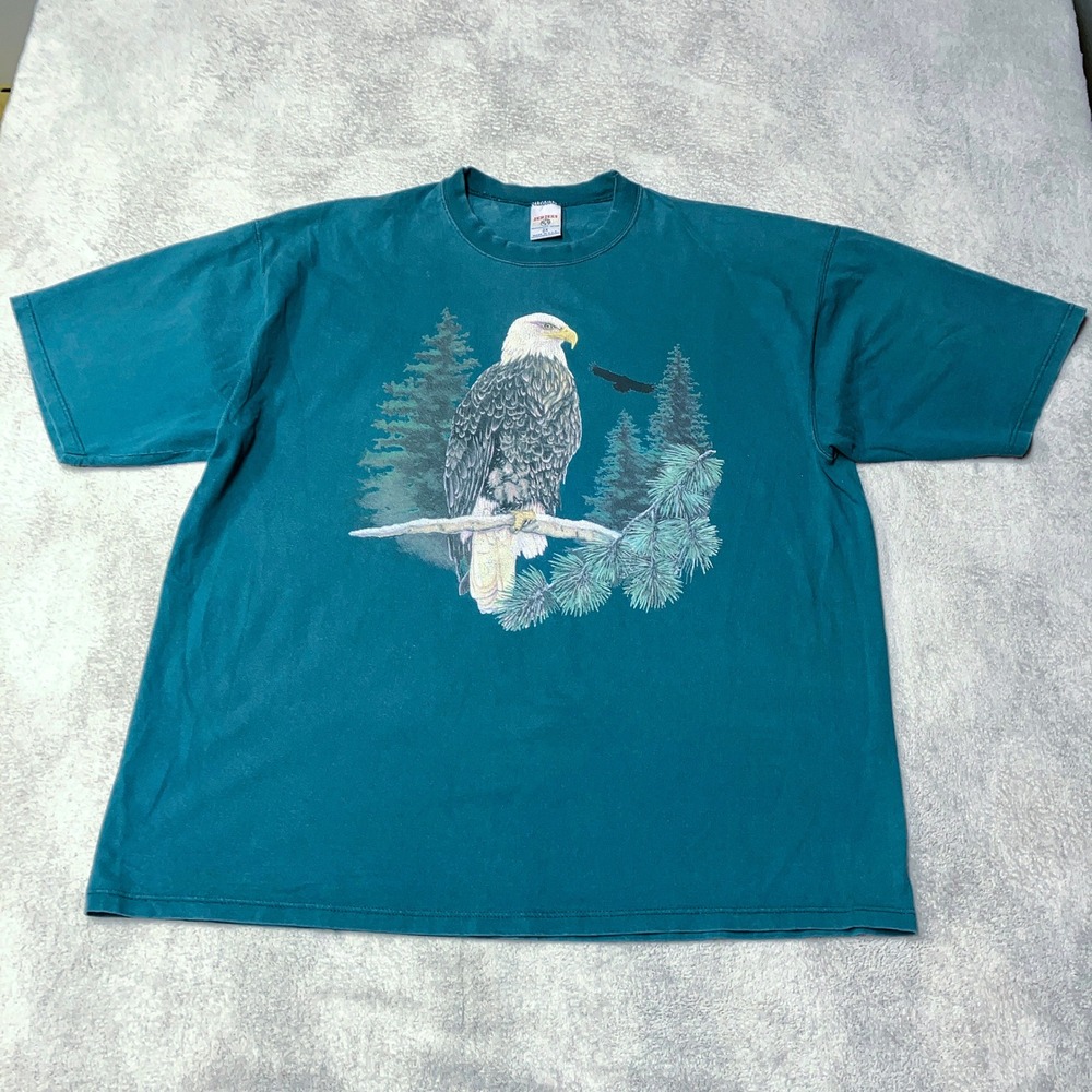 Vintage 90s Bald Eagle Nature Graphic Tee Teal Jerzees Tag Made in USA Mens 2X